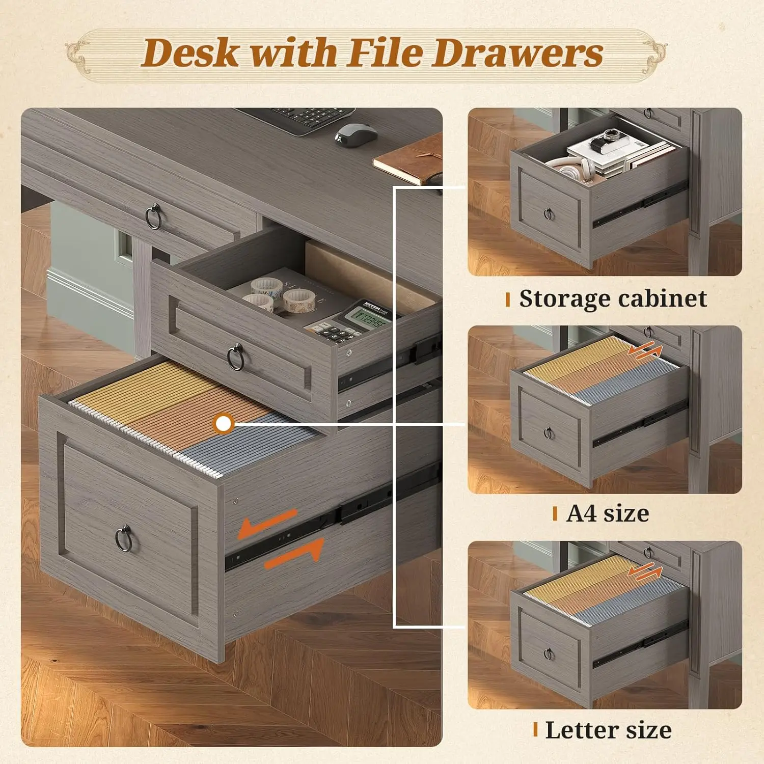مكتب تنفيذي للمزرعة، مكتب مكتب مقاس 47.3 بوصة مزود بخزانة و3 أدراج، مكتب منزلي خشبي مع درج ملفات، وخزانة تخزين و