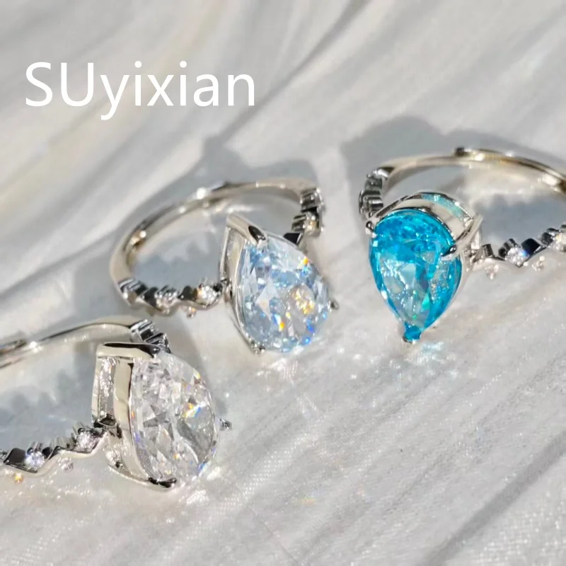 925 Sterling Silver Fashion Light Luxury Water Drop Shaped Pear Shaped Ice Flower Cut Shining Zircon Ladies Elegant Wave Ring