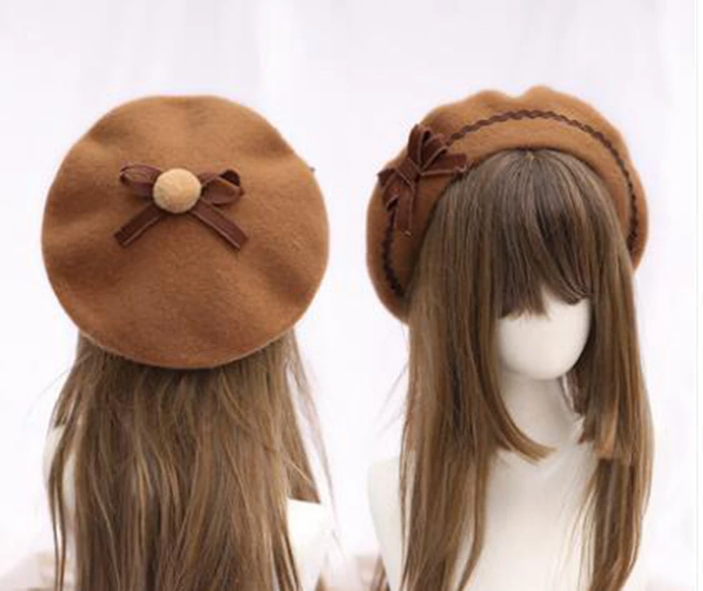 Niedliche Lolita-Baskenmütze für Damen, lässige Mode, koreanische Wolle, Schleife – Detail 10