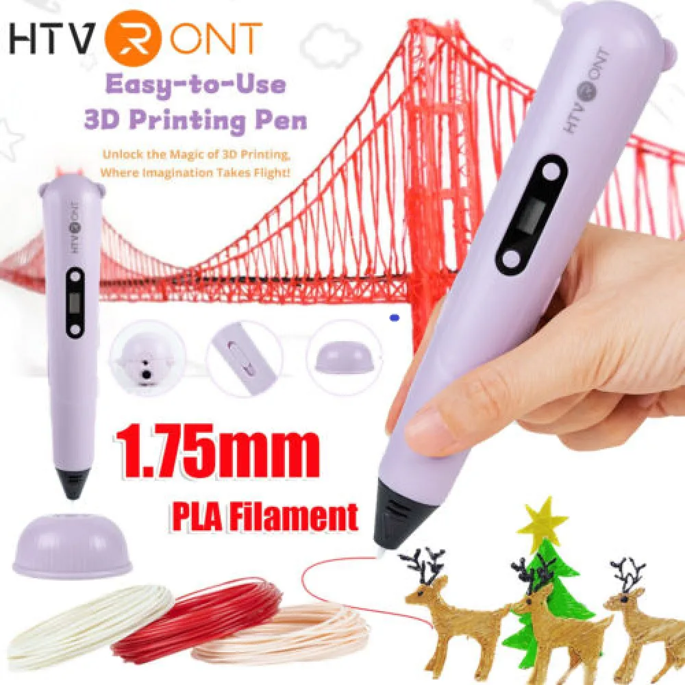 HTVRONT pena cetak 3D, dengan layar LCD pemegang 1.75mm DIY pena gambar filamen PLA untuk hadiah ulang tahun anak-anak Natal