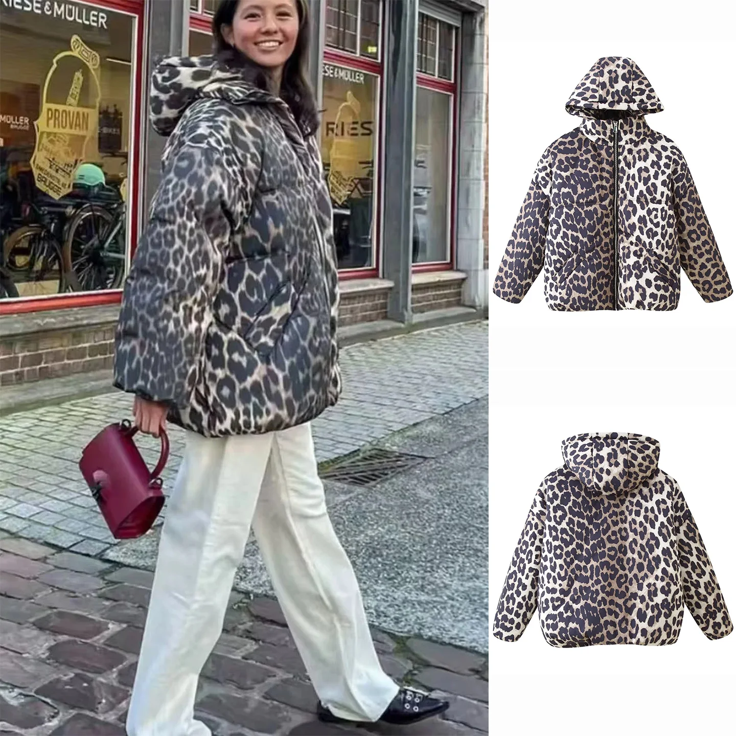 Chapéu destacável com zíper sle longo sve gola leopardo impressão ort algodão jaet feminino inverno nova chegada outerwear