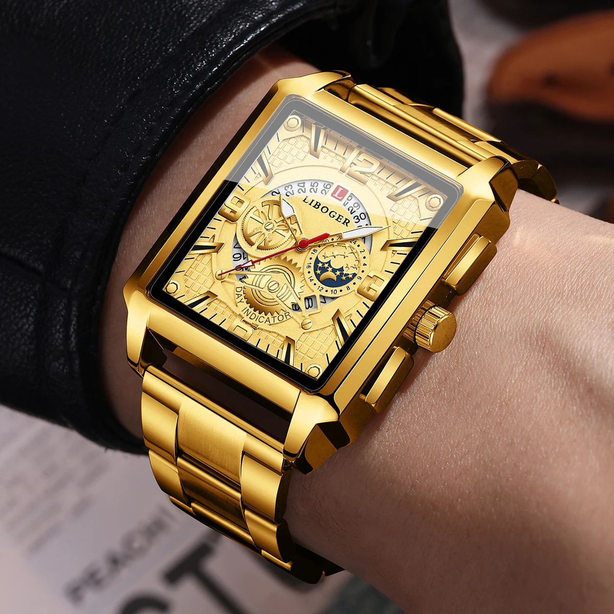 Luxury Men Business Watch Rectangle Calendar Quartz Wristwatches with Golden Stainless Steel Band Relogio Masculino（Without Box