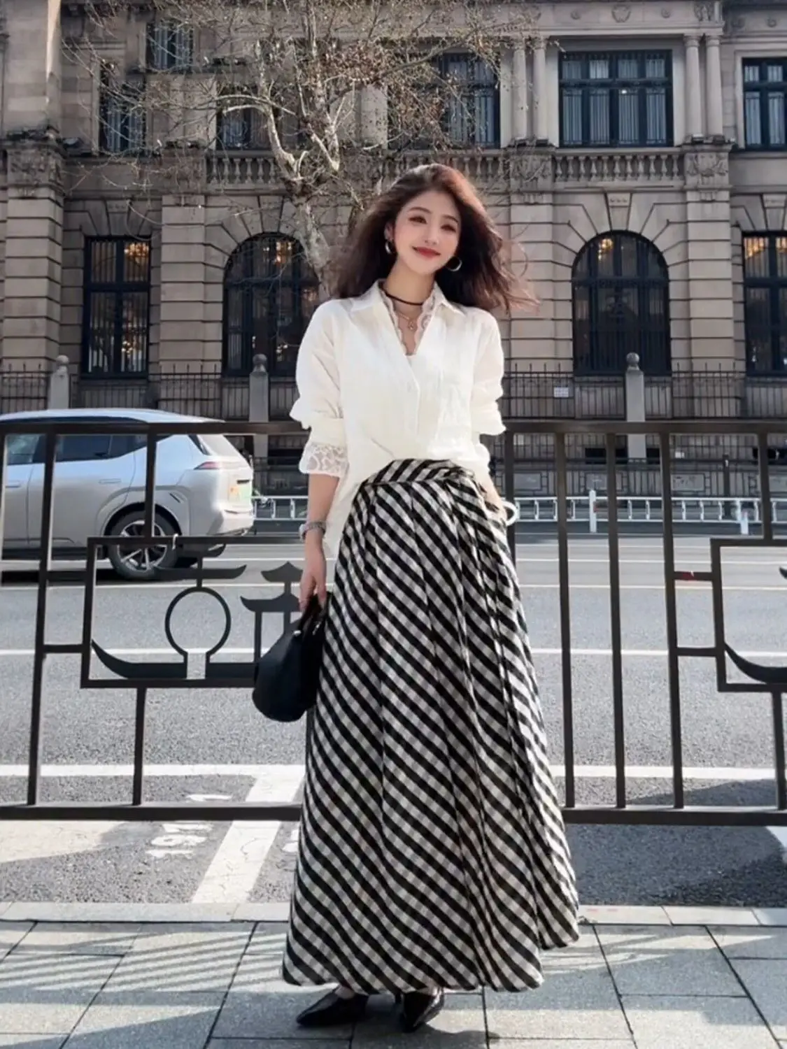 

New Spring Autumn Fashion Women's Matching Sets Lapel Lace Long Sleeve Shirt Top + A-line Plaid Long Skirt Elegant Suit