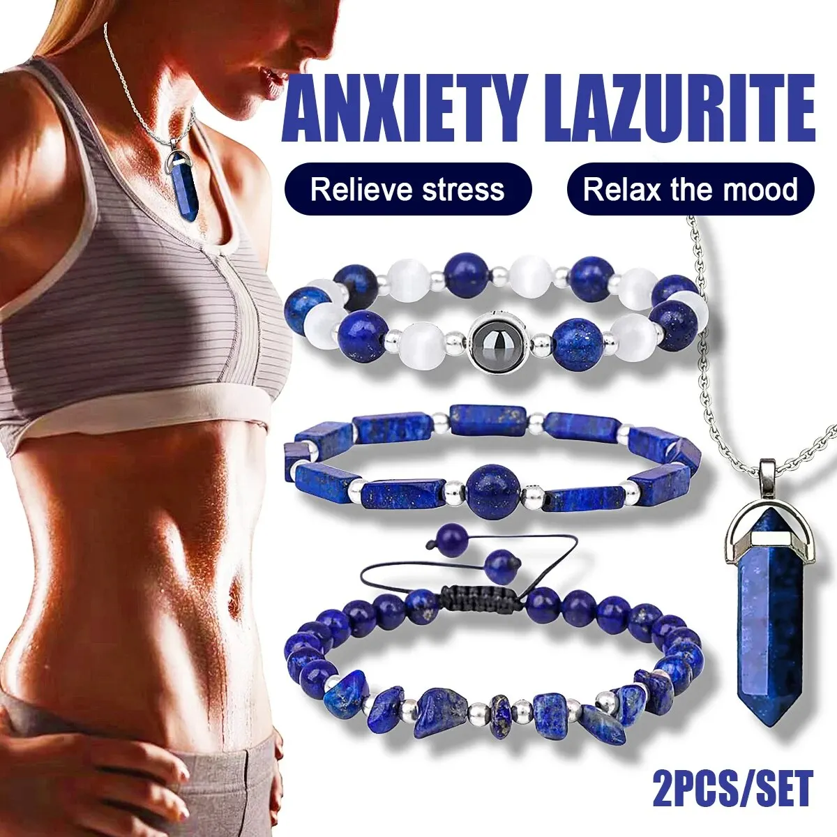 2pcs/Set Natural Lapis Lazuli Bracelet And Necklace, Round Bead BraceletNecklace, For Holiday Gift