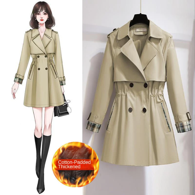 Women's Winter Double Breasted Trench Coat Lapel Overcoat Slim Outerwear Waterproof Thick A Line Pea Coat Jacket With Pockets