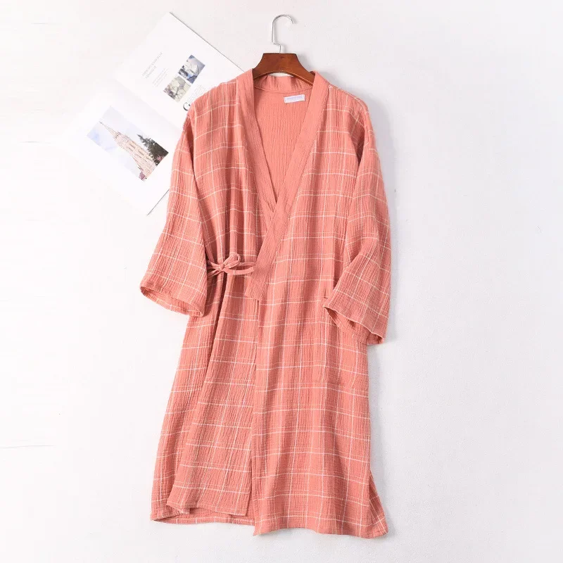 Couples Gauze Kimono Robes Plaid Bathrobe Homewear Long Sleeve Cotton Long Robe Women and Men Sleep Tops Loose Soft Sleepwear