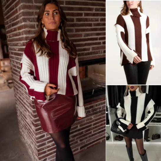 

Women Knit Full Sleeved Sweaters Turtleneck Patchwork Thick Warm Jumpers Pullovers Spliced Sweater Regular Casual Autumn