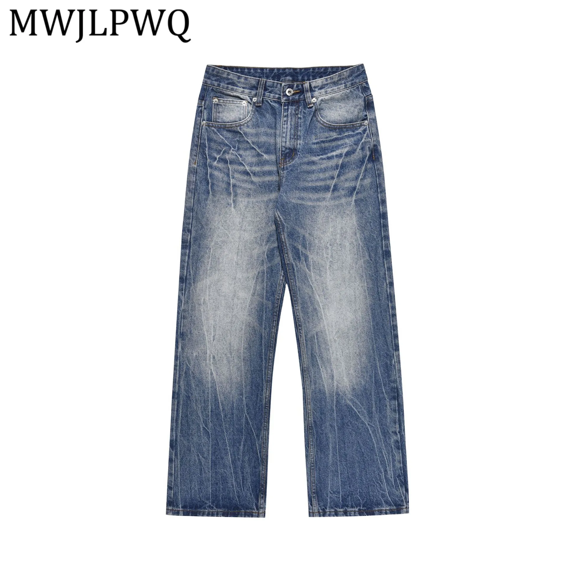 

MWJLPWQ American High Street Washed Distressed Denim Trousers Men's Hip Hop Loose Retro Casual Wide Leg Straight Jeans 13619