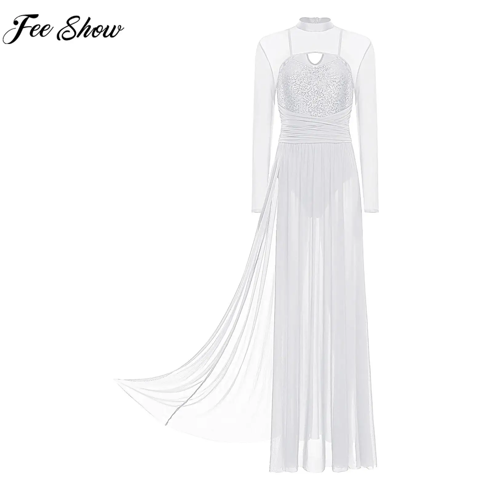 ผู้หญิงโมเดิร์นโคลงสั้น ๆ เต้นรําชุดแขนยาวเลื่อมตาข่าย Tulle แยก Maxi Leotard ชุดสําหรับยิมนาสติกสเก็ตบัลเล่ต์