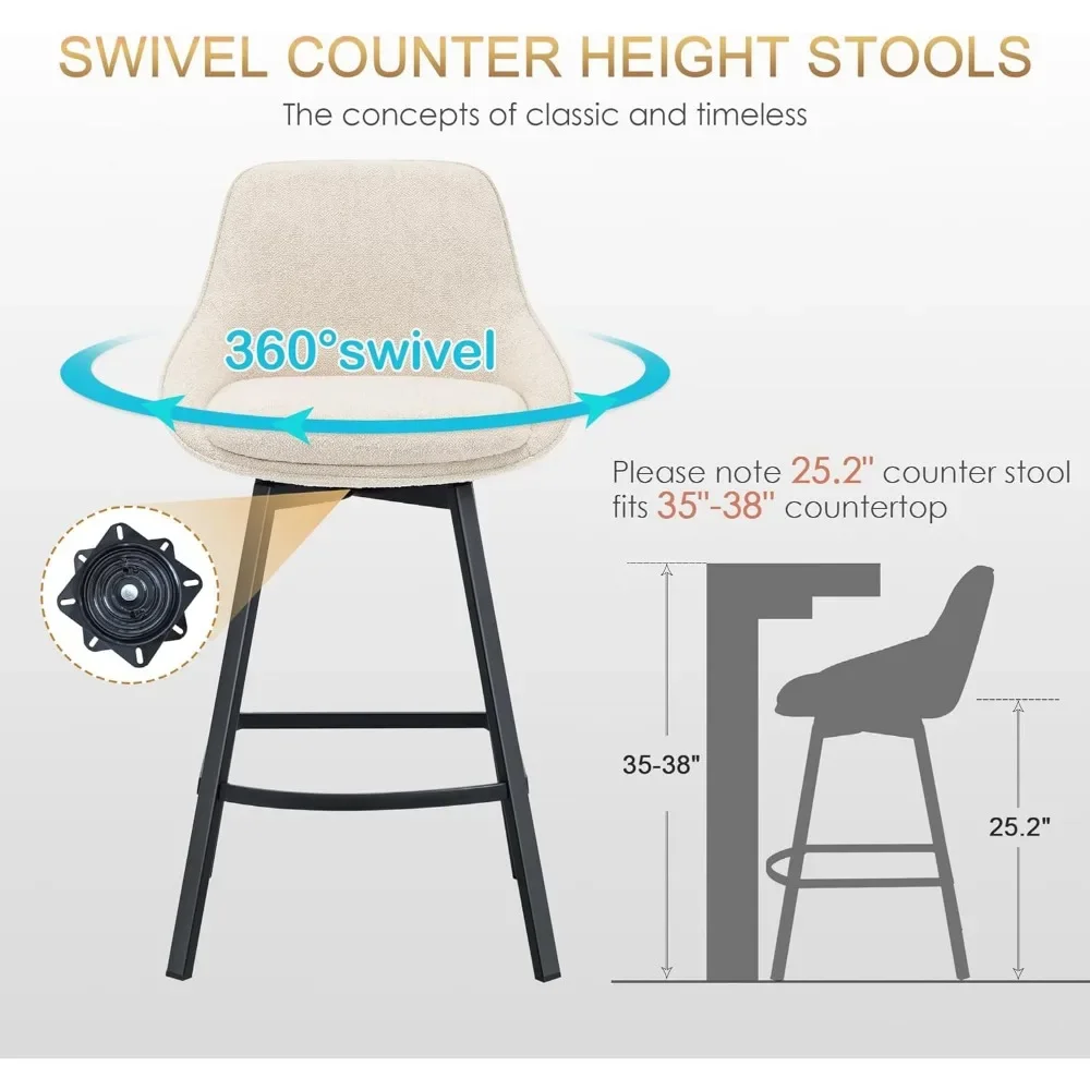 Swivel Counter Altura Bar Banquetas, tecido de linho estofado, Modern Barstools, conjunto de 2, 26 in