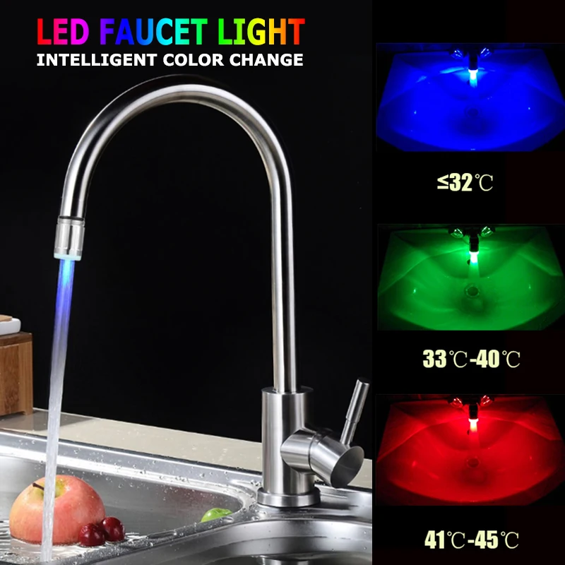 LED Water Faucet Aerator Light Kitchen Bathroom Shower Tap Faucet Nozzle Head 7 Color Change Temperature Sensor Light Faucet Led