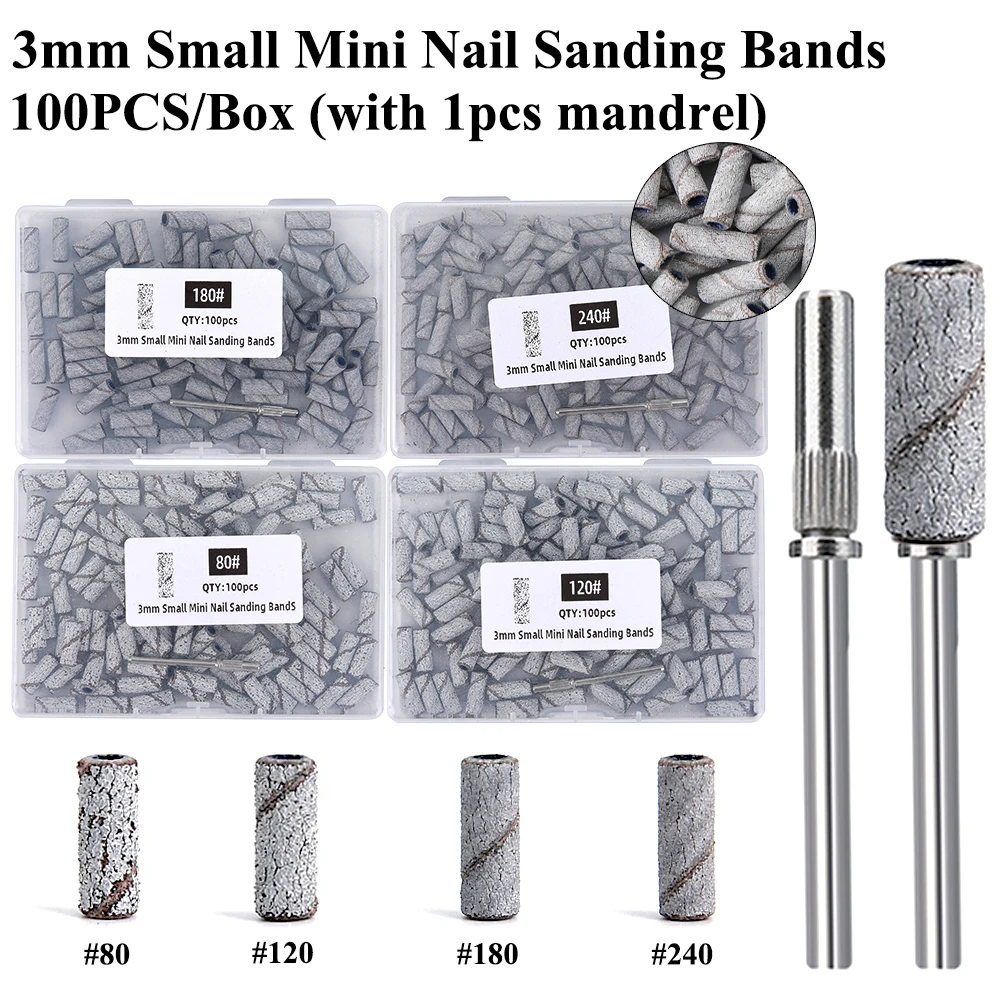 100-teiliges Mini-Schleifband-Set mit Mandrel für elektrische Nagelbohrer, 3 mm, zum Polieren von abgestorbener Haut und Hornhaut, Maniküre-Werkzeug