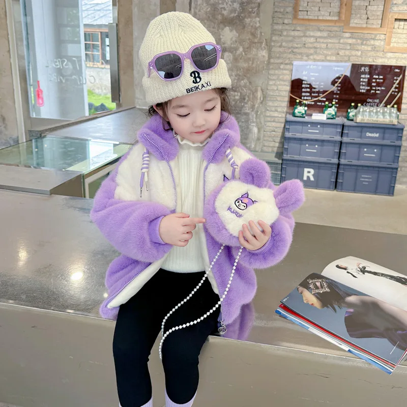 Baby Girls Winter Cashmere Color-block Coat 2024 Kids Sanrio Kuromi Cartoon Warm Turtleneck Jacket With Bag Children Outerwear