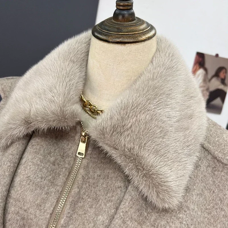 MENINA BONITA 2023 New Winter Women Jacket Real Natural Mink Fur Collar Hooded Coat Wool Blends Cashmere Belt Warm Streetwear