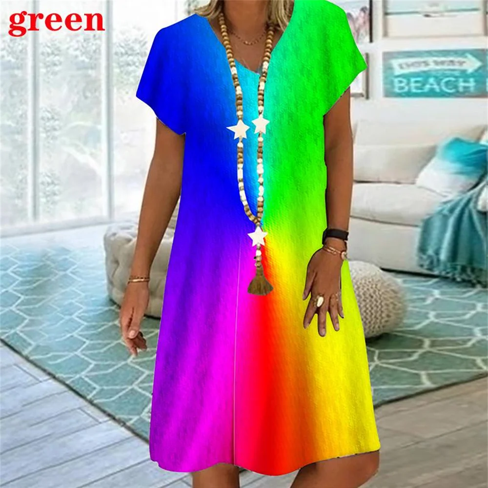 New Rainbow Striped 3D Print Women Dress Elegant Sweet Casual V-Neck Short Sleeve A-Line Dress Summer Fashion Oversized Clothing