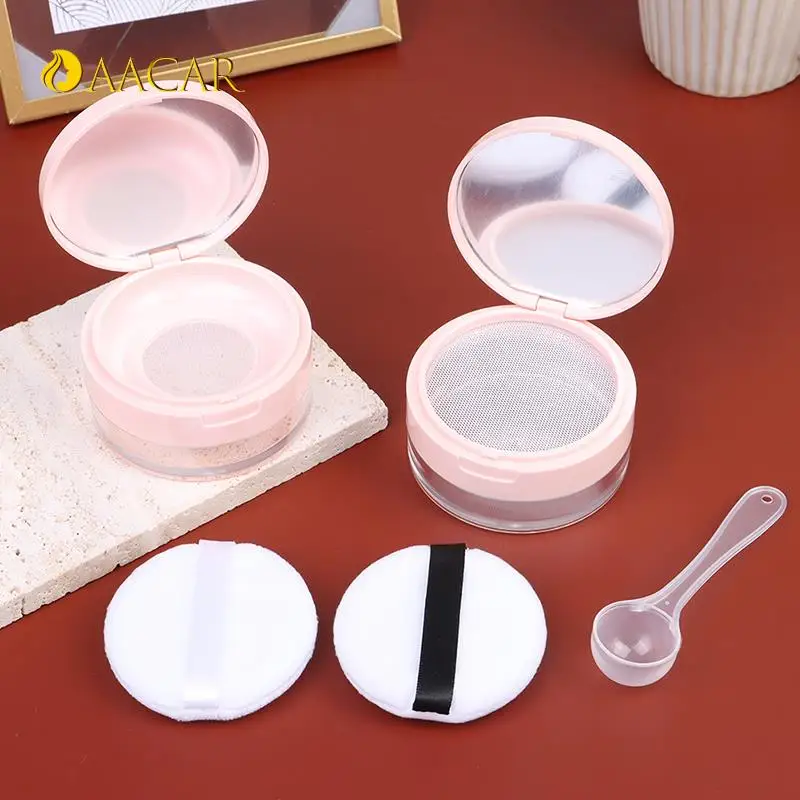 Portable Plastic Puff Box Empty Loose Powder Pot With Sieve Mirror Spoon Cosmetic Sifter Loose Jar Travel Makeup Container DIY