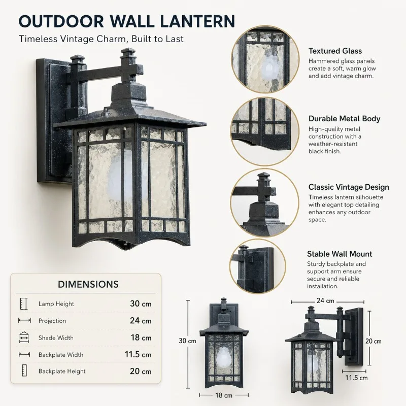 Outdoor Wall Light Black LED Lantern Waterproof Vintage Sconce for Garden Porch Patio Courtyard Villa Home Exterior Wall Light