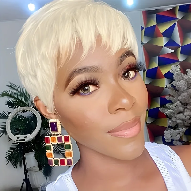Short Blond Wig Synthetic Wigs with Bangs Heat Resistant Synthetic Wigs for Black Women Short Pixie Cut Wig