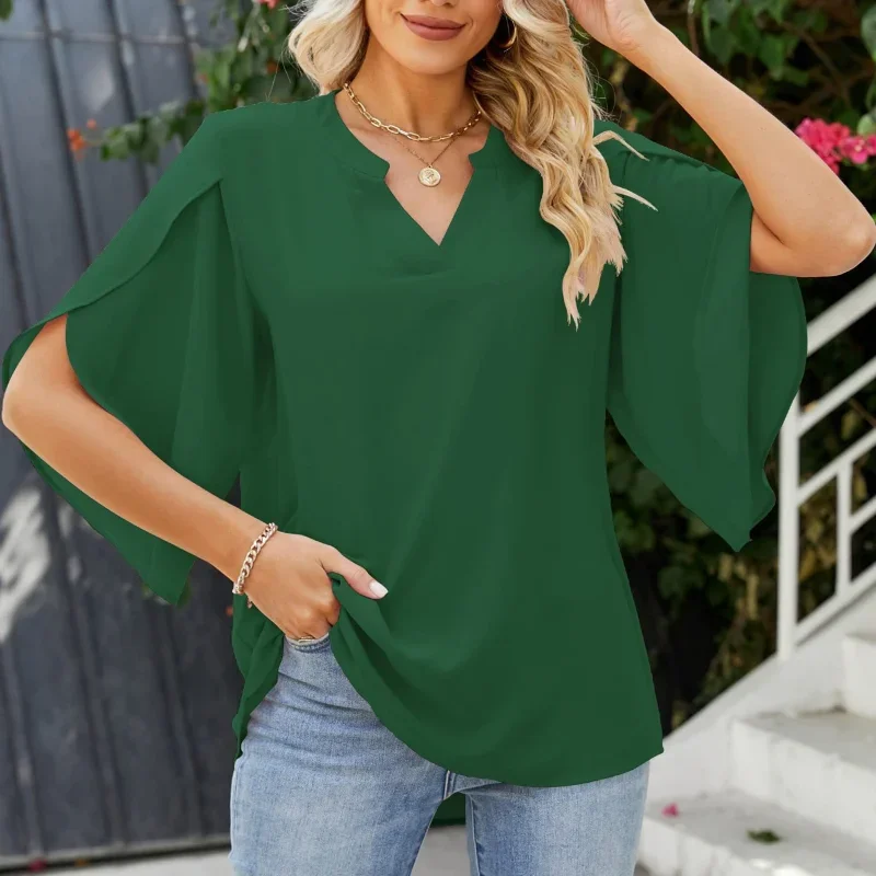 Summer Fashion Casual Commuting Temperament Women's Solid Color V-Neck Pullover Loose 3/4 Sleeve Wooden Ear Edge Chiffon Shirt