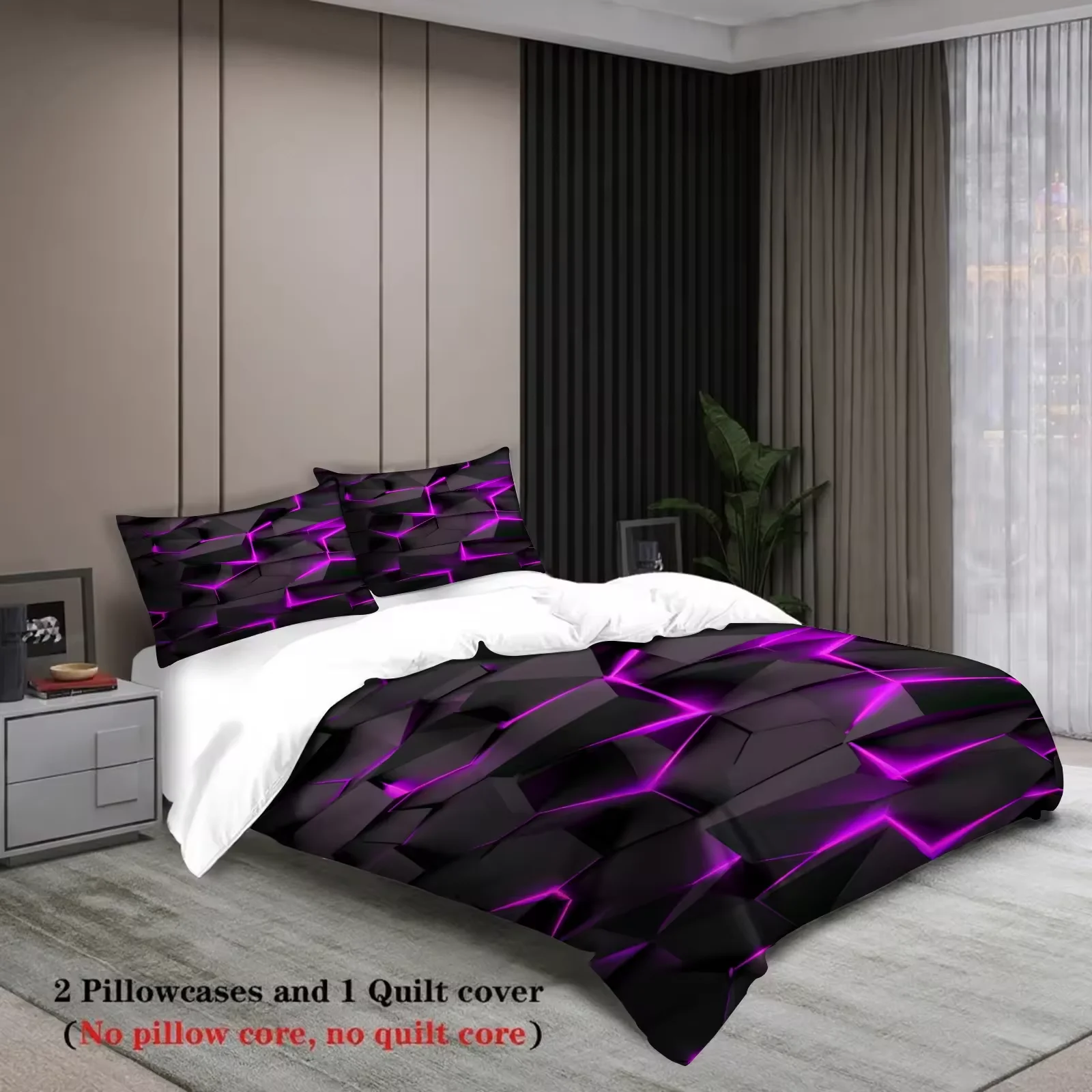 3Pcs bedding set   Purple visual print Twin Queen patternsSize With 2Pillowcases 50cmx75cm  soft and comfort Bedding accessories