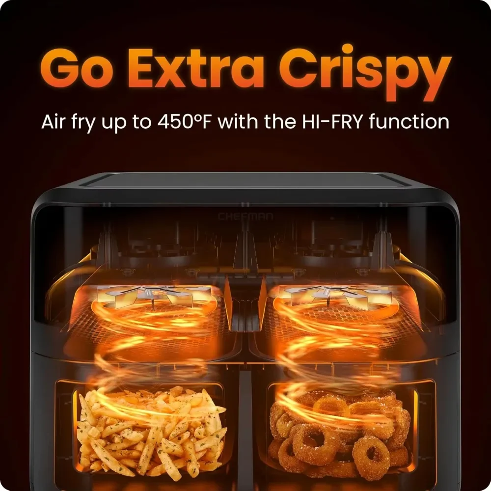 6 Quart Dual Basket Air Fryer Oven with Easy View Windows, Sync Finish, Hi-Fry, Auto Shutoff, Digital Double Air Fryer - Black