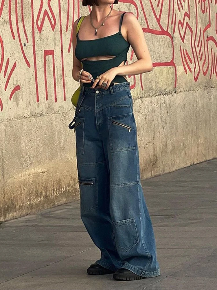 SUCHCUTE Streetwear Zipper Women Jeans Korean Fashion Low Waist Denim Trousers Y2K Harajuku Casual Pocket Up Loose Pants 2000s