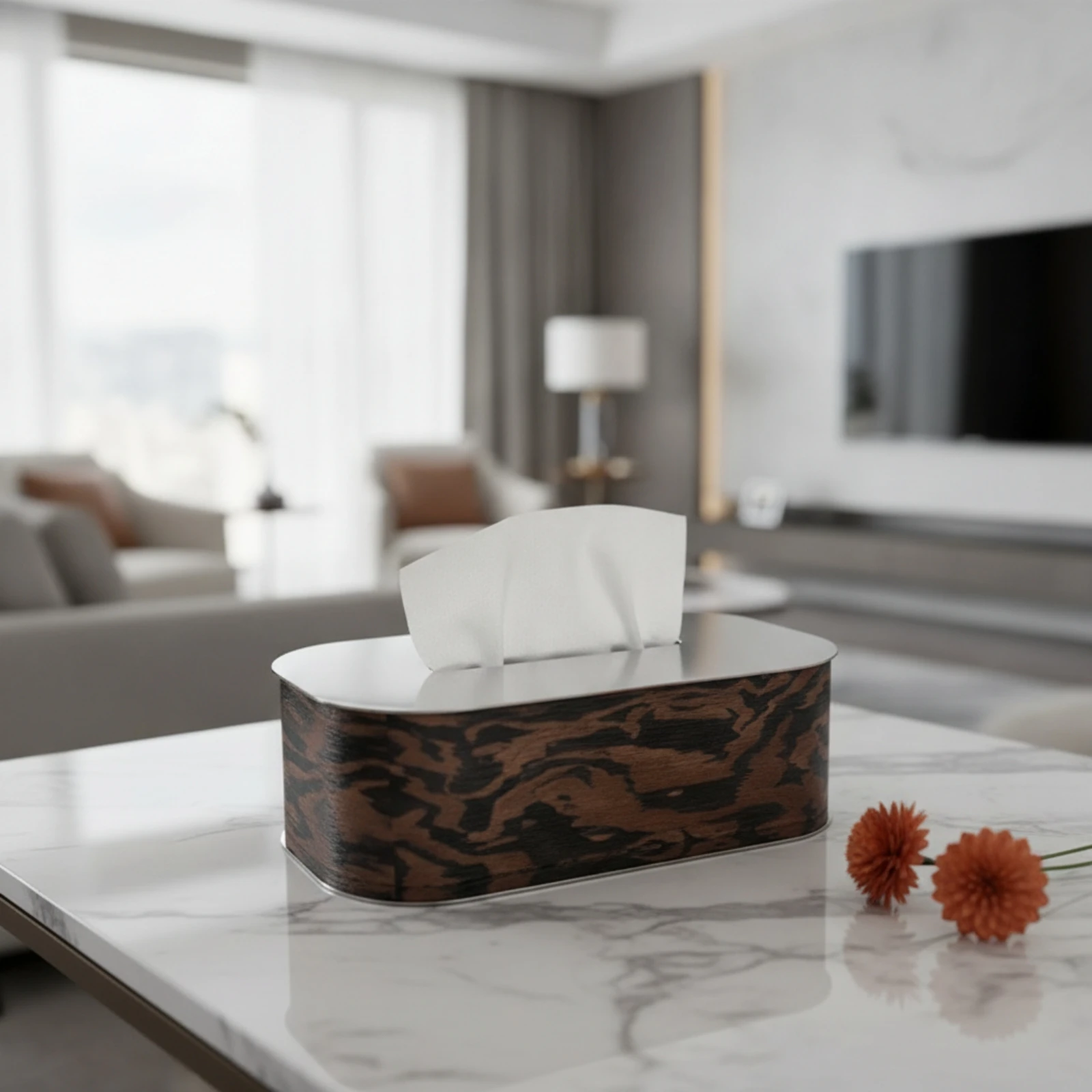 Tissue Box Cover Stainless Steel Tissue Box Cover with Wood Grain Holder Rectangular Brushed Metal for Bathroom Vanity