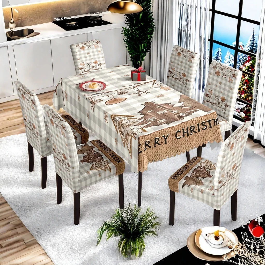 

1/7pcs Christmas table and chair covers for home and dining room decorations, Christmas tree prints, hotel and restaurant decor