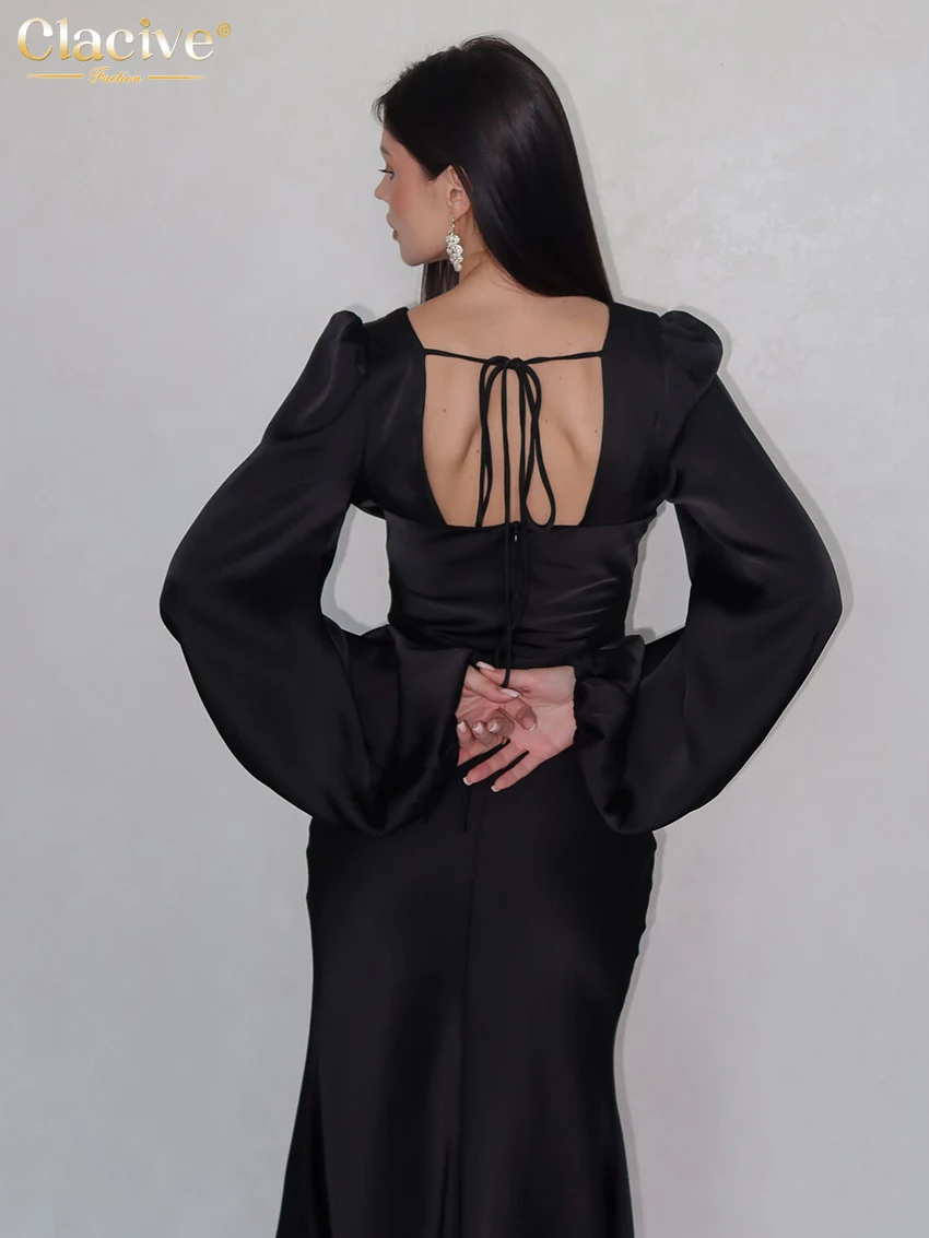 Clacive セクシーなルーズブラックサテンの女性のドレスファッション V ネック長袖足首丈ドレスエレガントなクラシック固体女性のドレス