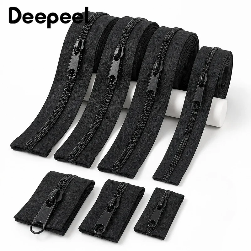 1-5M 3-10# Nylon Coil Zipper with Slider Black Continuous Zip Tape for Bag Tent Jacket Garment Repair Sewing Accessory Kit DIY