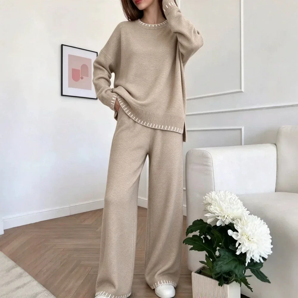 Autumn Winter 2 Pieces Patchwork Women's Sets Knitted Tracksuit Side Split O-Neck Sweater and Straight Jogging Pant Suit Outfits