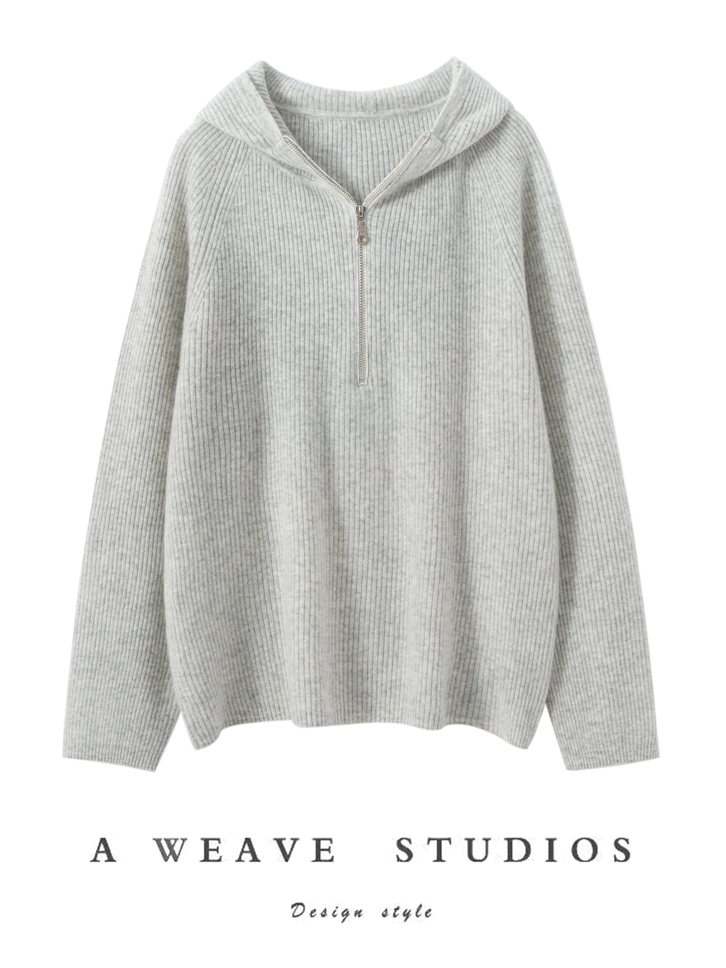 

Winter women's 100% cashmere sweater casual solid knit pullover base sweater loose hooded collar half zipper Tops thick Jumper