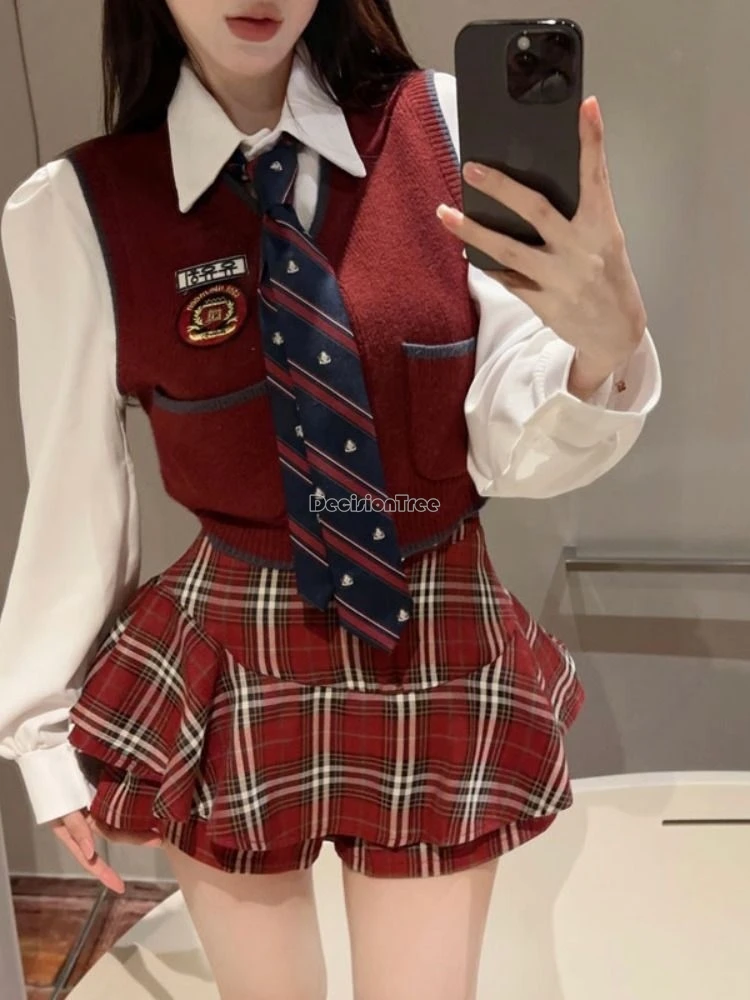 2024 coreano casual chique uniforme diário jk conjunto doce moda feminina outono camisa colete cintura alta saia xadrez curta 3 peça jk w742