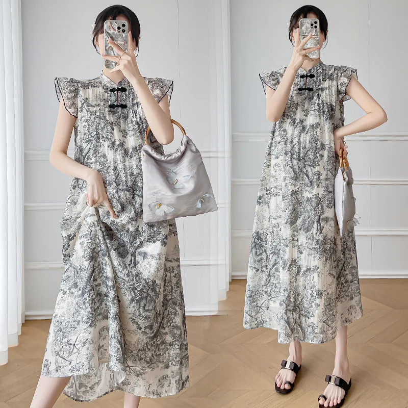 Summer Chinese Style Ink Painting Retro Maternity Dress Flying Sleeves Pregnant Women's Dress Pregnancy Dresses