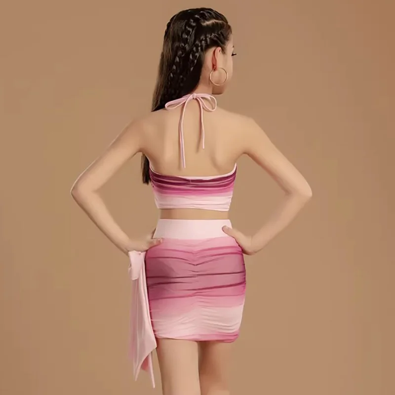 Children's Latin Dance Training Costume Competition Performance Dancewear Backless Gradient Red Powder Top and Skirts Set