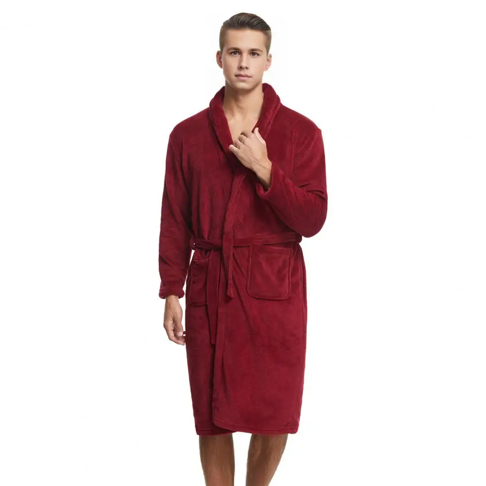 ผู้ชาย Flannel Nightgown พร้อมกระเป๋าสีทึบแขนยาว LACE-up Loungewear เปิดด้านหน้าเข่า-ความยาว Men Lounge ชุดนอน