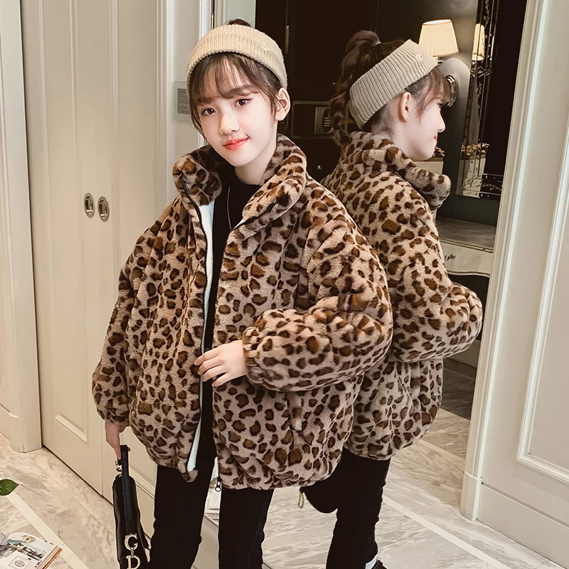 Children Autumn Winter Warm Coat For Girls Turtleneck Leopard Print Thick Wool Blends Clothes Girls Kids Outerwear 4-13 Year