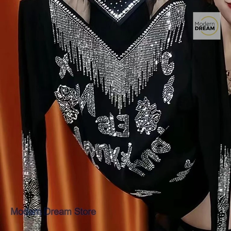 French style high-grade rhinestone bottoming shirt women's spring and autumn new slim semi-high collar versatile bottoming shirt