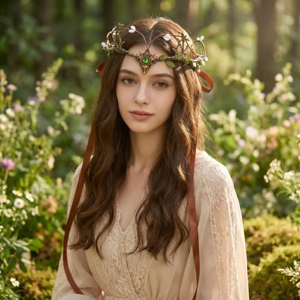 Flower Vine Elven Crown Fantasy Rhinestone Decorated Greek Laurel Crown Diadem Simulate Tree Leaves Fairy Headpiece Unisex