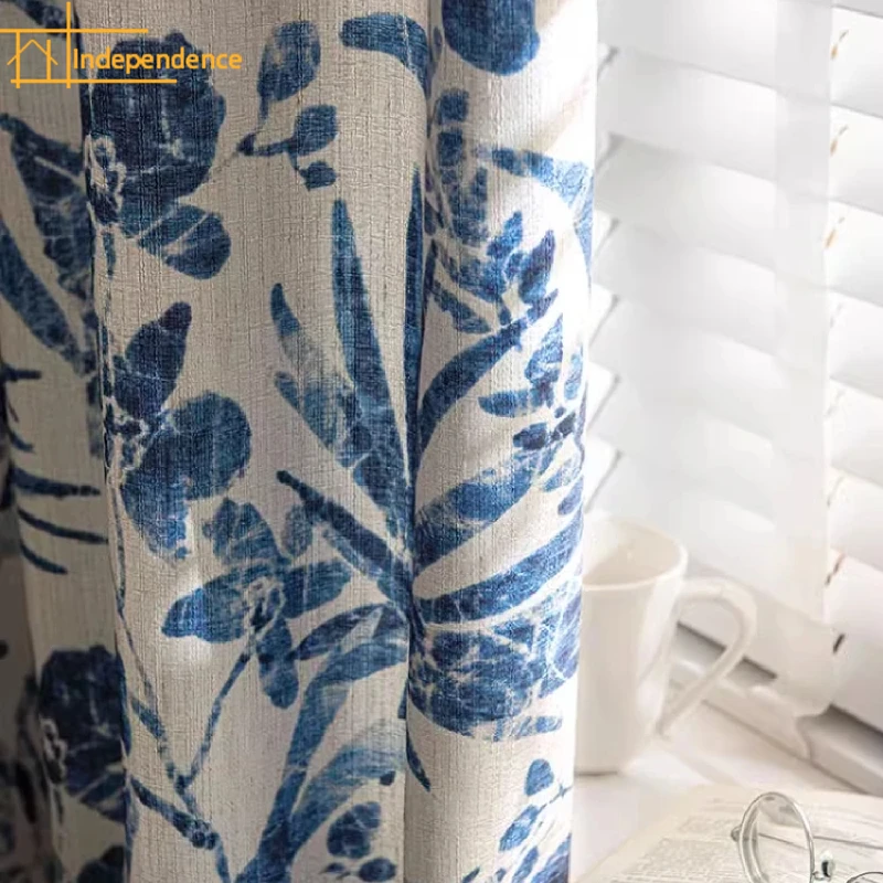 

Blue and White Porcelain Custom Printing Thickened Cotton and Linen Curtains for Living Room Bedroom Bay Window French Window