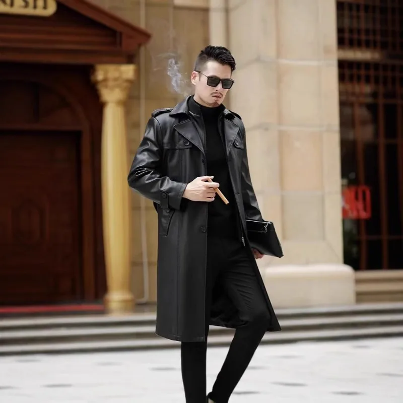 Cross-border Amazon Hot Selling Men's PU Leather Coat Autumn and Winter Men's Casual Business Double Collar Fur Coat Plus Long
