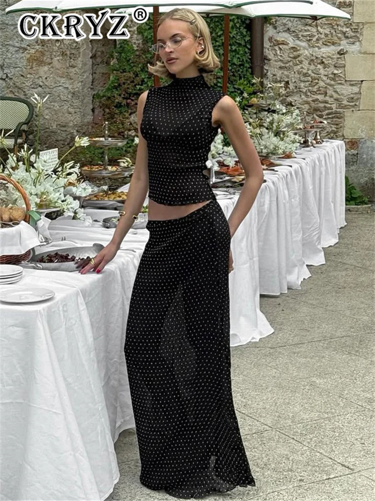 Ladies Summer 2026 Polka Dot Fashion 2 Pcs Set Sleeveless Top Slim Fit Maxi Skirt Matching Suit For Women Streetwear Outfits