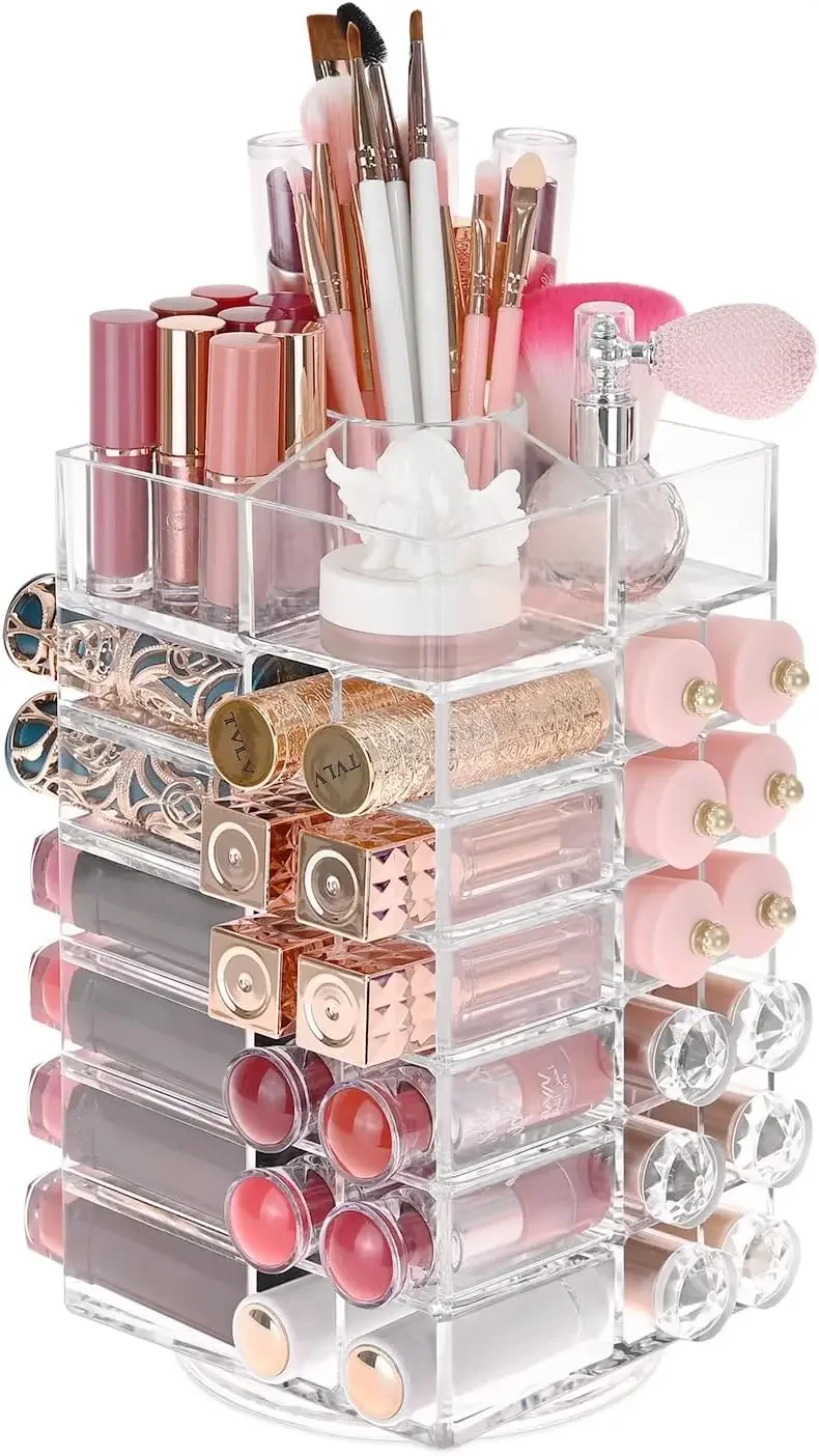 Acrylic Rotating Lipstick & Lip Gloss Makeup Organizer with 53 Slots