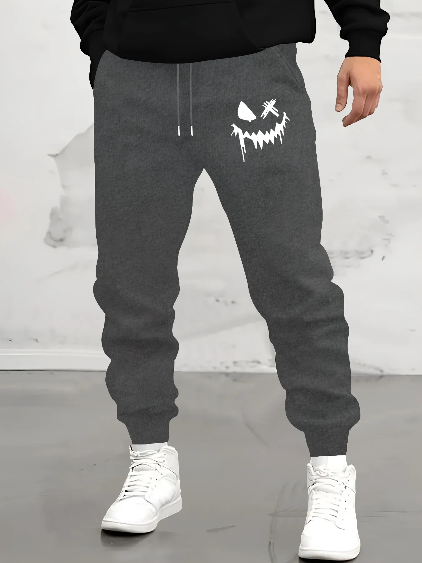 

Men's Casual Sports Long Pants with Devil Print, Soft and Comfortable Polyester Fabric, Elastic Drawstring Waist