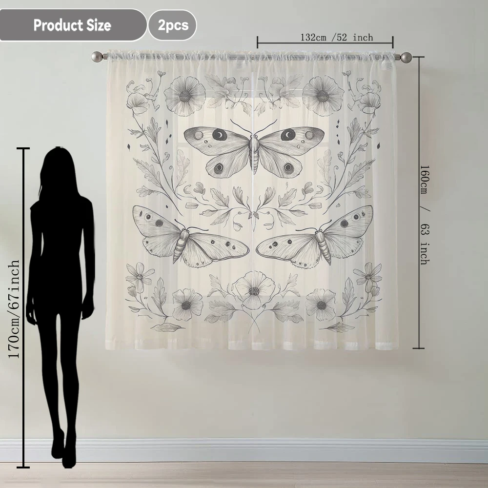 2Pcs Pink Peony And Butterfly Print Home Decoration Window Screens Suitable For Coffee Shops, Restaurants, Bedrooms