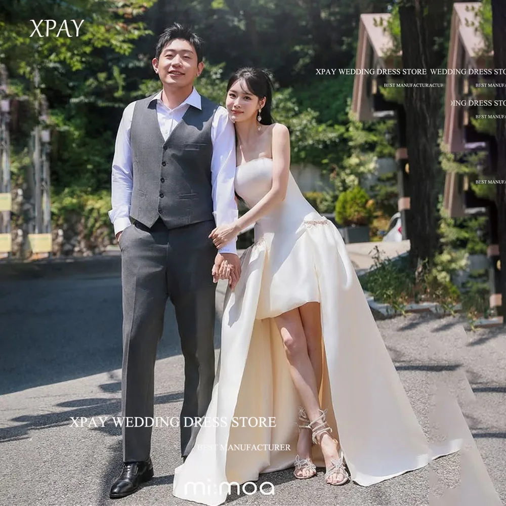 

XPAY Princess Hi-Lo A Line Soft Satin Wedding Party Dresses Korea Photo shoot Corset Back Beading Bride Gowns Formal Customized