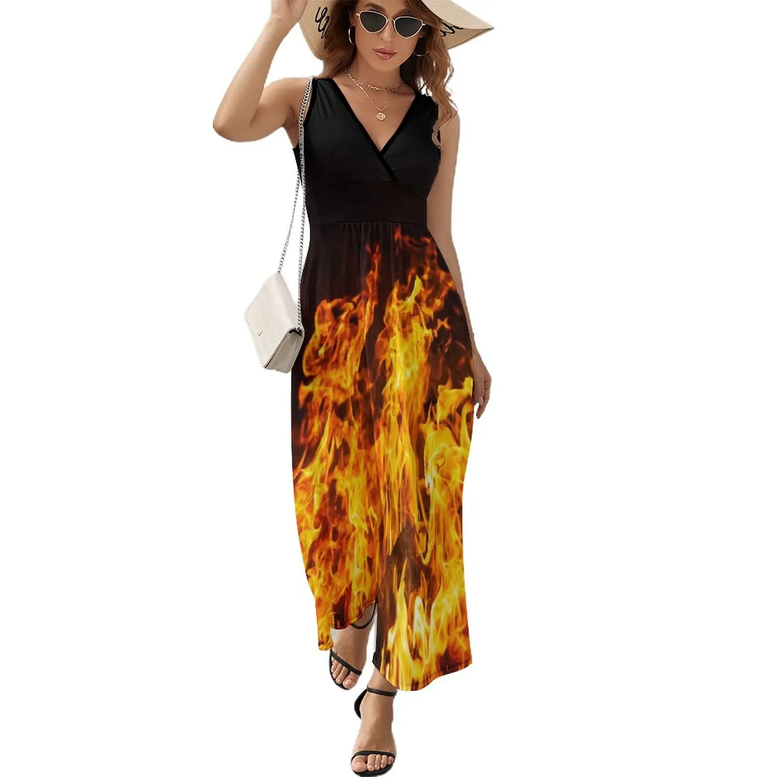 

Big Fire Flames on Black Dress Kawaii Maxi Dress V Neck Custom Boho Beach Long Dresses Streetwear Oversized Vestido