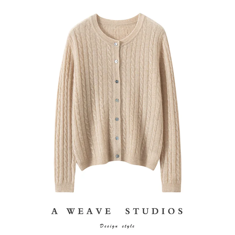 Sweter damski ze 100% kaszmiru, dekolt okrągły, wzór w warkocze, kardigan z dzianiny, prosty styl, wiosna, jesień, zima, miękka odzież dzianinowa z kaszmiru, miękkie topy.