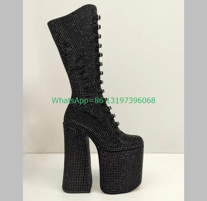 Lady glitter sexy black calf boots platform cut-out chunky heel gothic style boots punk rhinestone Mary Janes  runway boots 3546