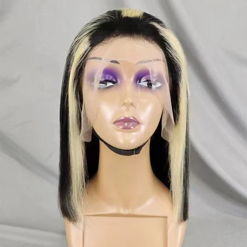 Imagen 2 del producto Pelucas rectas Bob resaltan 613 Color 250% densidad 100% cabello humano 13x4 peluca de cabello humano frontal de encaje para mujeres negras 12-16 pulgadas